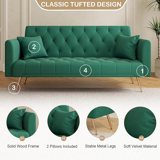 71 Futon Sofa Bed VelvetConvertible Sleeper Sofa CouchModern Folding Futonwith 3 Adjustable Backrests and 2 Pillowsfor Small Living Room Bedroom Office (Green)