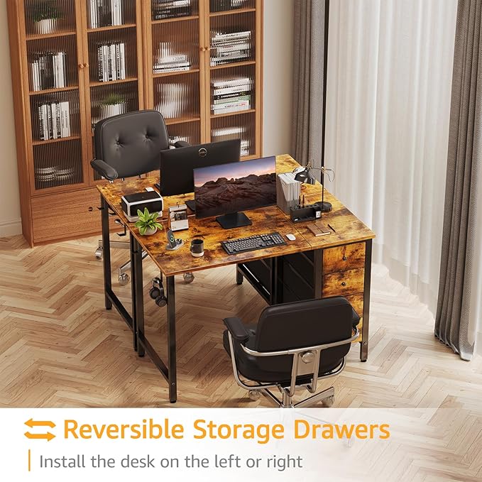 DLisiting 47 Inch Computer Office Desk - Home Office Desk with Storage Fabric Drawers Simple PC Writing Work Desks for Bedroom Boys Girls Teens Childrens Rustic Brown