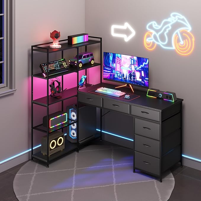 Garvee L Shaped Gaming Computer Desk with 6 Fabric Drawers Corner Gaming Desk with Open Shelves Home Office PC Table with Power Outlets &amp LED Lights 58.3 l*54.3 h Black