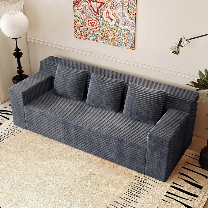 71 Corduroy Living Room Sofa 3 Setaser Deep Seat Couch with 3 Lumbar Pillows Comfy Boneless Sofa Modern Compressed Couch for Bedroom Office Apartment No Assembly Flat Armrests (Dark Grey)