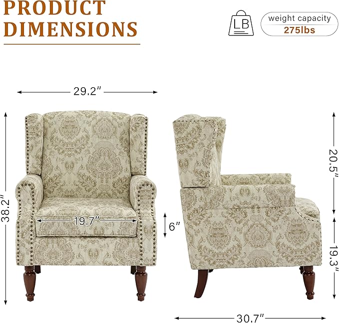 Wingback Accent Chairs Set of 2 High Back Upholstered Armchair Printed Fabric Wingback Arms Chairs with Wood Legs Single Sofa Reading Chair for Bedroom Living Room White