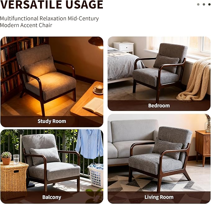 Mid Century Modern Accent Chair with Solid Wood Frame Comfy Reading Lounge Chair with Detachable Lumbar Pillow for Living Room Bedroom Office Vintage Small Wooden Armchair for Waiting Room (Grey)