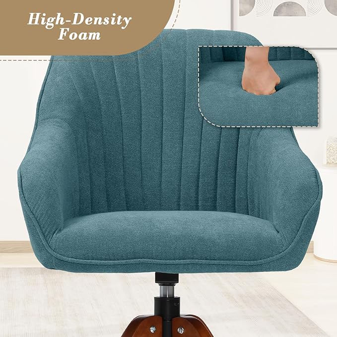 Athena Collection Swivel Modern Accent Chair Linen Upholstered Armchair Office Desk Chair No Wheels with Wooden Legs Comfy Vanity Chair Reading Chair for Bedroom Living Room Office Sky Blue