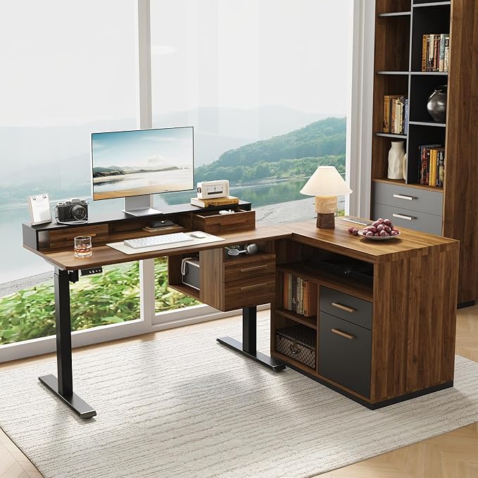 47.2'' Standing Desk with File Cabinet Height Adjustable Electric Sit Stand Desk Lateral File Cabinet Computer Workstation for Home Office Black Walnut