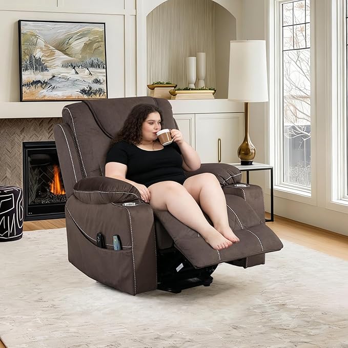Oversized Power Lift Recliner Chair for Big and Tall 400 LBS Elderly 26 Large Electric Recliner Chair with Massage and Heating Lay Flat Zero Gravity Recliner Sofa Velvet Coffee Brown