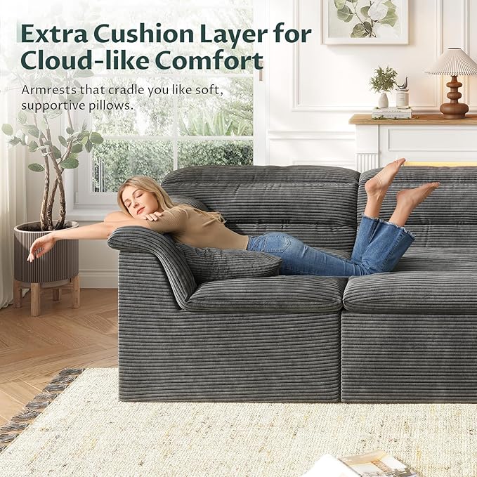 112 Modular Cloud Sectional Couch with Ottoman Modern Upholstered Compressed Sofa with Deep Seat Comfy L-Shape Corduroy Couches for Living Room No Assembly Required Dark Gray