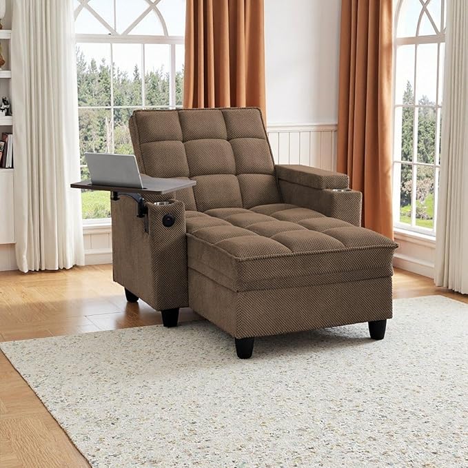 Single Modern Comfy Upholstered Chaise Lounge Sofa Chair with Rotating Side TableStoragePillowUSB Charging Ports and Adjustable Backrest Perfect for Living Room Small Spaces (Coffee)