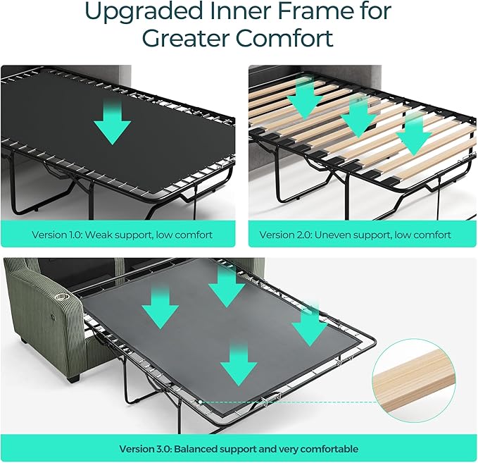 LINSY HOME Pull Out Sofa Bed - Convertible Loveseat Sleeper Sofa Upgraded Bed Frame Pullout Couch - USB Charging &amp Cup Holders Corduroy Sofa Bed for Living Room Small Space Queen Size (Green)