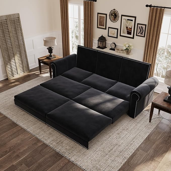 93.7 King Pull Out Sofa Bed Velvet Sleeper Sofa Couch 3 in 1 Convertible Futon Couches for Living Room Small Space Apartment Office Bedroom Modern Rivet Armrest