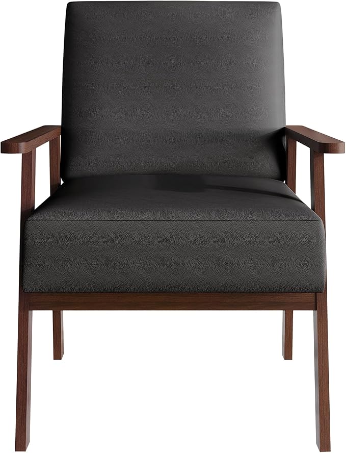 Mid-Century Modern Accent Chair Polyurethane Upholstery Wooden Armrests Cushioned Seat Easy Assembly Grey