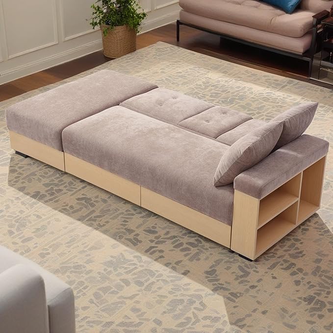 Sofa 84.65 Convertible Sofa Bed with Storage Ottoman Adjustable Armrest &amp Coffee Table - Perfect for Small Apartments 2 Drawers Soft Cotton Linen Fabric Solid Wood FrameLight Brown