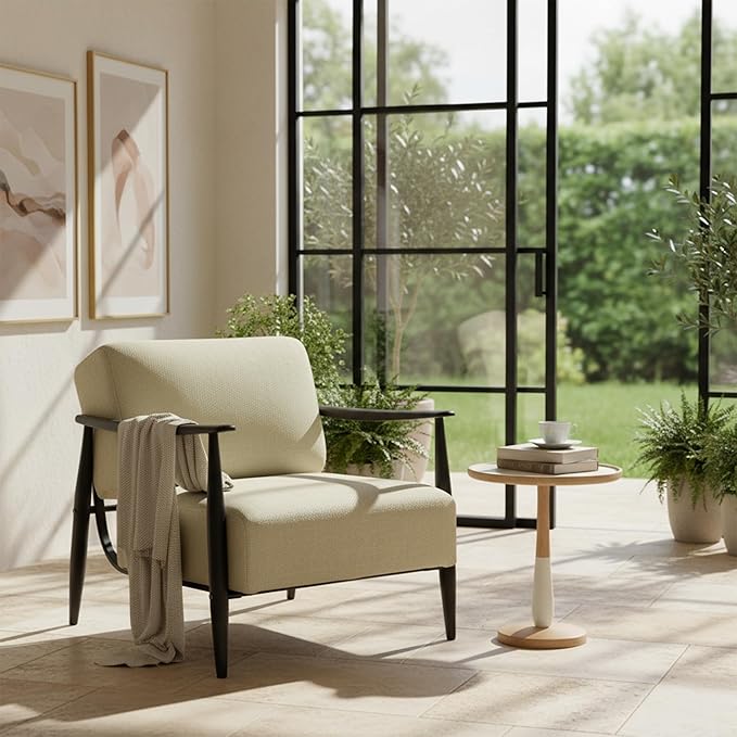 Homy Casa Mid-Century Modern Accent Chair with Fabric Upholstery Solid Wood Armrests and Sturdy Metal Frame Comfy Lounge Chair for Living Room Bedroom Reading Corner or Office – Beige/Walnut