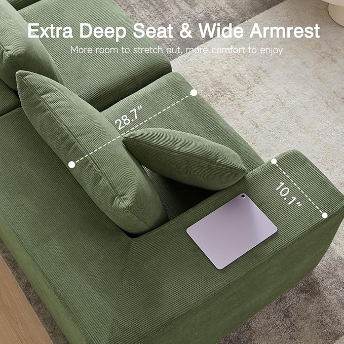 152'' Modular Sectional Sofa Oversized Corduroy Cloud Couch 6 Deep Seat Memory Foam Couch Green Sofa with 6 Pillows Boneless Couches for Living Room Office No Assembly Required