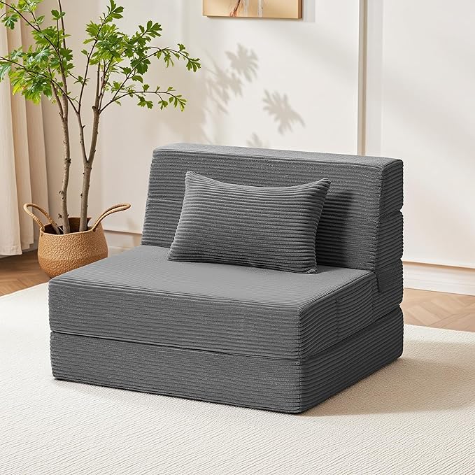 Youzi Folding Sofa Bed Convertible Sleeper Chair with Pillow 4-in-1 Foldable Mattress Futon Couch Bed to Lounge Chair for Living Room Bedroom Dorm &amp Guest Washable Cover Dark Gray Single