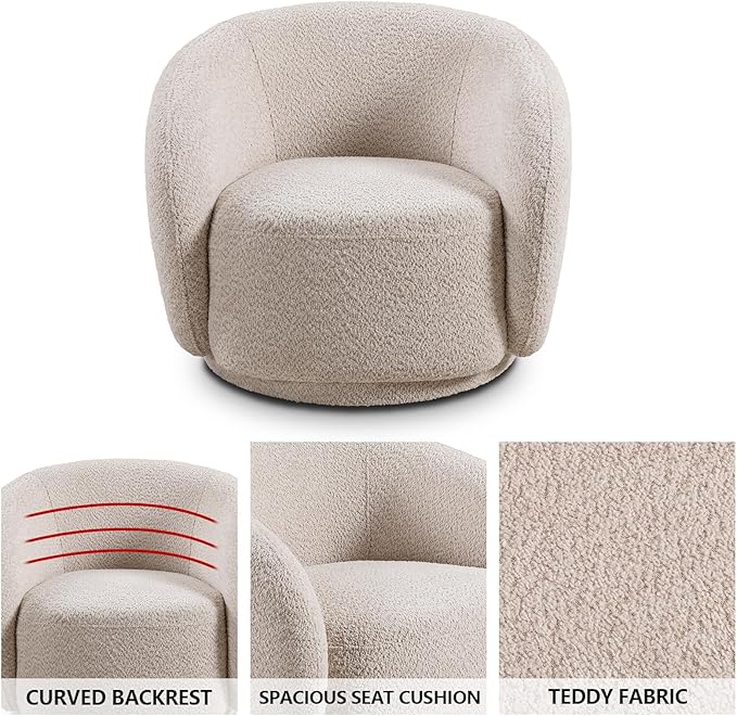 Modern Swivel Accent Chair Boucle Fabric Upholstered Barrel Chair 33 Luxury Curved Sofa Chair Single Sofa Single Armchair for Living Room Bedroom Apartment Office Small Space (Beige)