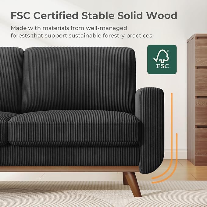 Vesgantti 68 Loveseat Sofa Black Comfy Corduroy Couch with Spring Cushion and Solid Wood Modern Extra Deep Seat for Bedroom Living Room Office