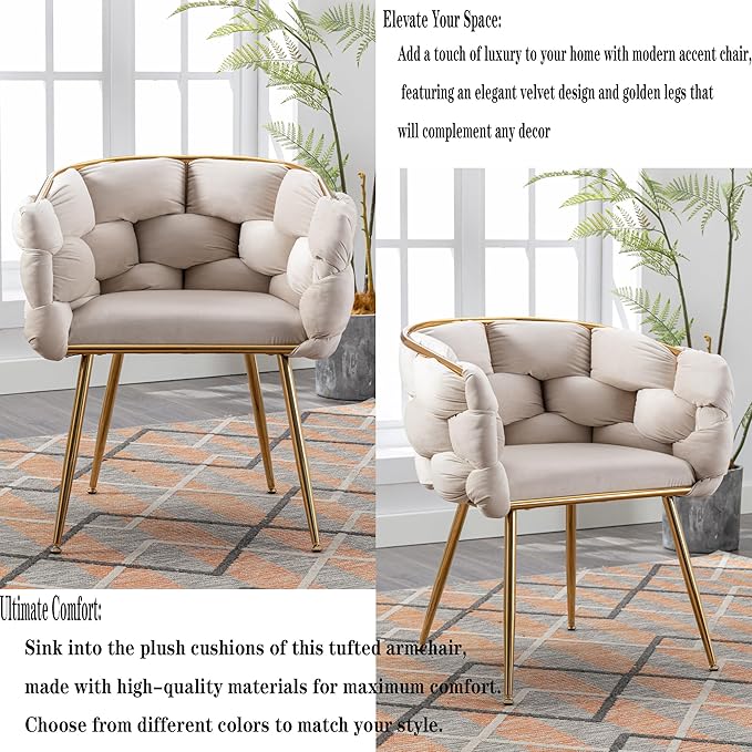 Luxury Velvet Accent Chair with Gold LegsModern Stylish Cosmetic Chair for Desk Living Room or BedroomComfortable Single Sofa Chair for Home Office (Beige)