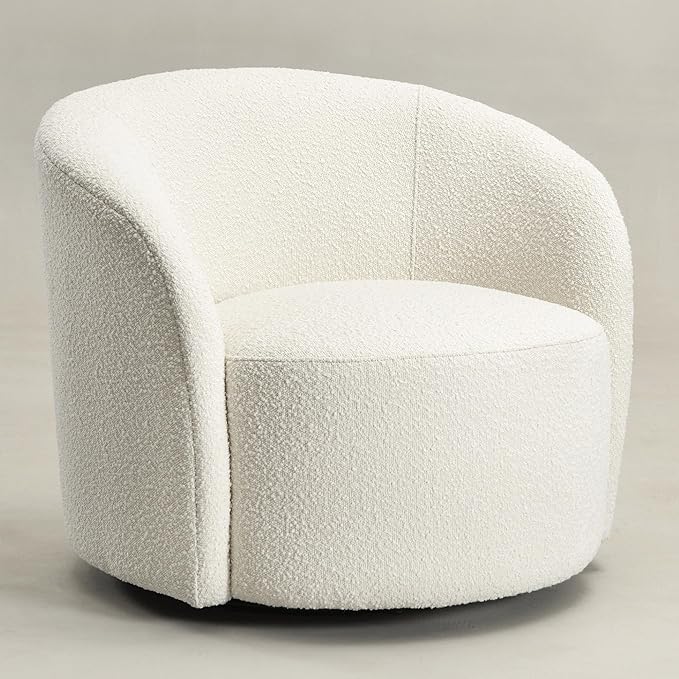 KINWELL 34 W Mid Century Modern Swivel Barrel Chair Round Upholstered Boucle Swivel Accent Chairs No Assembly Sofa Chair for Living Room Bedroom Reading Apartment Lounge Nursery(Cream)