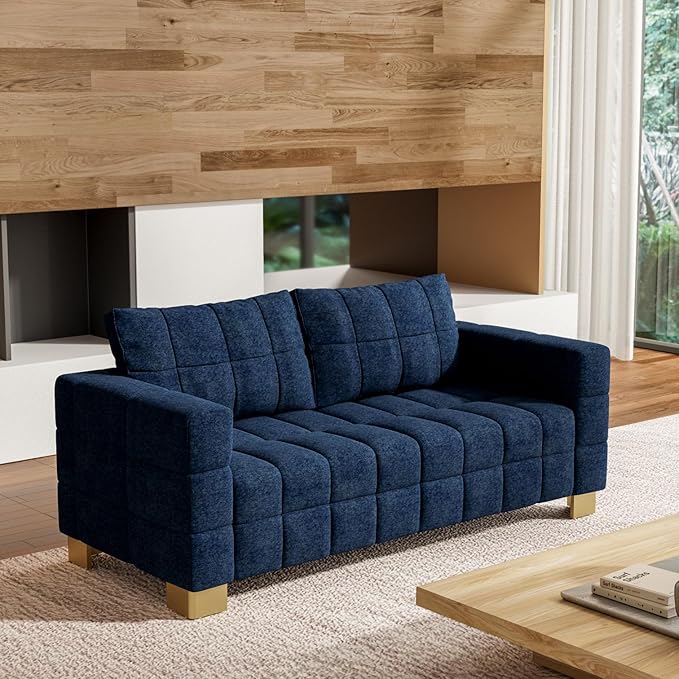 81.89 Sofa Comfy 3 Seat Sofa Tufted Chenille Upholstered Sofa Couch for Living Room with Gold Metal Legs and 2 Throw Pillows (Blue+1.5S+1.5S)