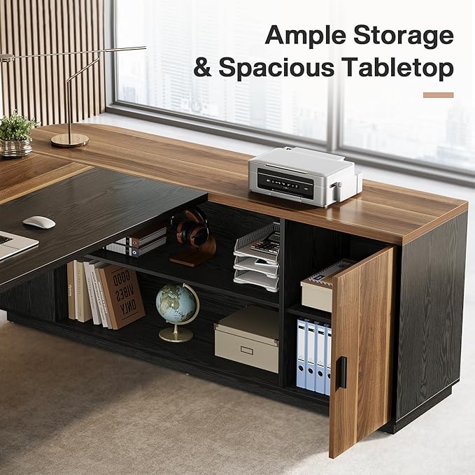 Tribesigns 79-Inch Executive Desk Large Office Desk with Cabinet L-Shaped Compter Desk with Storage Shelves Writing Table for Home Office Brown and Black
