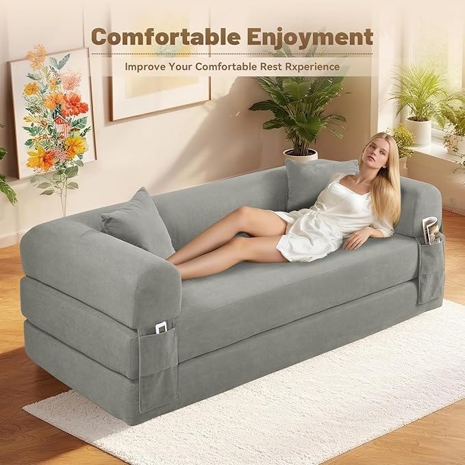 Convertible Futon Sofa Bed80 Folding Pull Out Couch Bed with StorageQueen Sleeper Sofa BedCompressed Couch in a BoxCorduroy Boneless Couches for Living RoomLight Grey