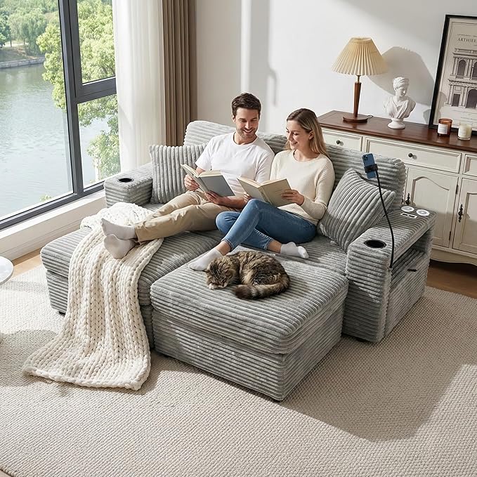 Double Chaise Lounge Chair Indoor Oversized Loveseat with Ottoman Storage USB Charging Cup Holders Phone Stand LED Corduroy Couch (Grey)