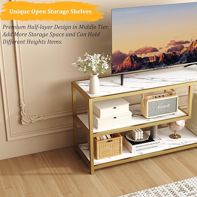 Function Home TV Stand for TVs up to 55 Inch 3 Tier Entertainment Center Media Console with Open Storage Shelves for Living Room Bedroom 47” Modern TV Table with Faux Marble Top Gold Metal Leg