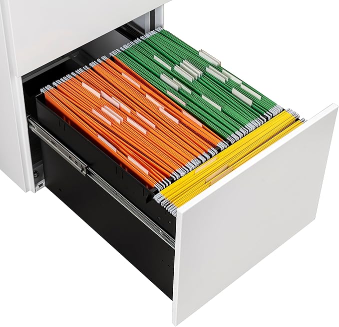 JULYFOX 2 Drawers Mobile File Cabinet W/Lock 27.2 inch White Steel Filing Cabinet on Casters with 2 Keys Fully Extension Drawers Letter Legal A4 Size 300 lb Heavy Duty-White