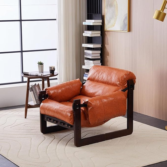 Leather Lounge Chair Mid Century Modern Accent Chair with Oil Wax Upholstery Vintage Cozy Recliner Reading Armchair for Living Room Solid Wood Frame Lounge Seating Orange