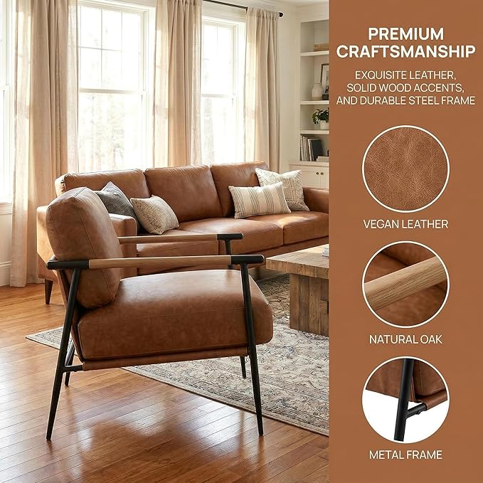 DUOMAY Mid-Century Modern Accent Chair Set of 2 Armchair Brown PU Leather Sofa Lounge Bedroom Chair with Metal Leg for Living Room Reading Office
