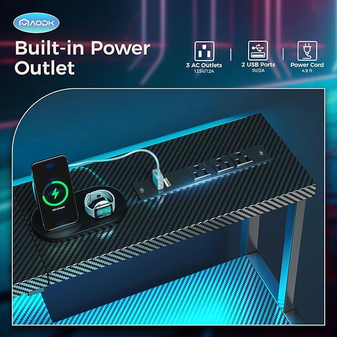 AODK Computer Desk 56 Inch Gaming Desk with Led Lights &amp Power Outlet Office Desk with Storage Shelves Reversible Desk with Monitor Shelf &amp Headphone Hook Carbon Fiber Black