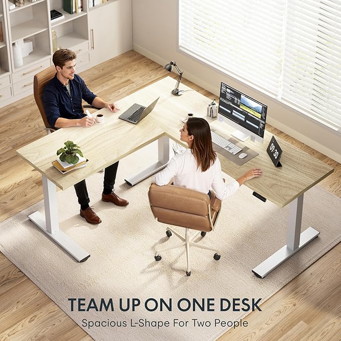 FLEXISPOT L Shaped Standing Desk 71 x 63 Inch Electric Height Adjustable Corner Desk Sit Stand Computer Workstation Preset Controller Home Office White Frame with Maple Top