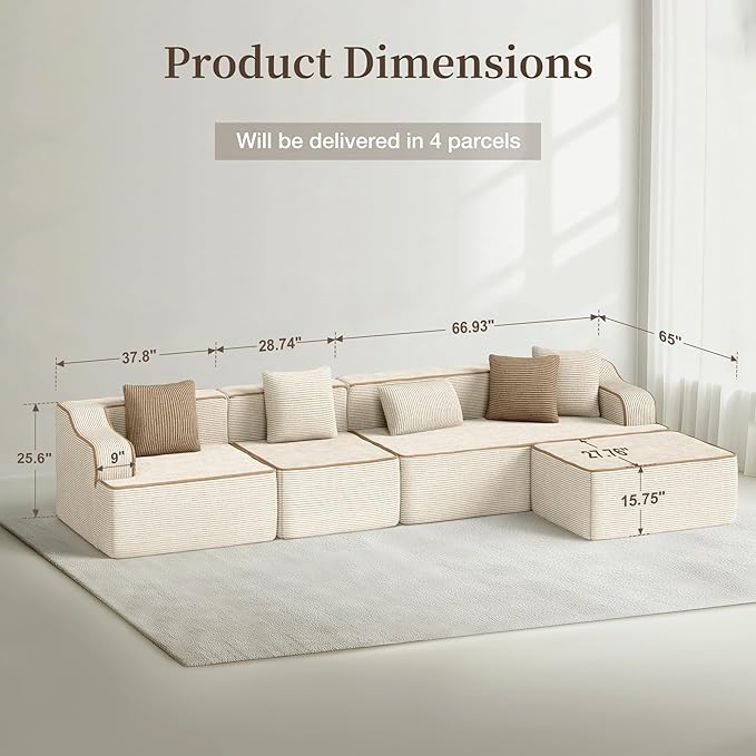 L Shaped Boneless Modular Cloud Couch 133.5'' Oversized Corduroy Sectional Sofa for Living Room 5-Seat Upholstered Modern Couch with Deep Seat No Assembly Required Beige