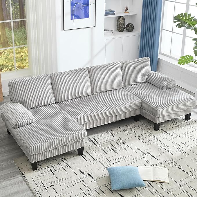 114.2” W Corduroy Sectional Sofa for Living Room U-Shaped Couch with Double Chaises and Comfortable Backrest Modern 4-Seater Deep Cloud Sofa for Small Spaces(Grey)