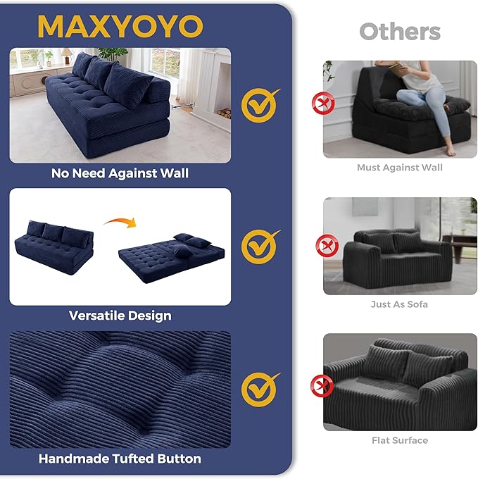 MAXYOYO Folding Sofa Couch Convertible Floor Sleeper Couch with 3 Pillows Tufted Floor Oversized Loveseat Couch Tufted Fold Out Chair Bed Comfy Sofa Lounge for Living Room Bedroom Navy