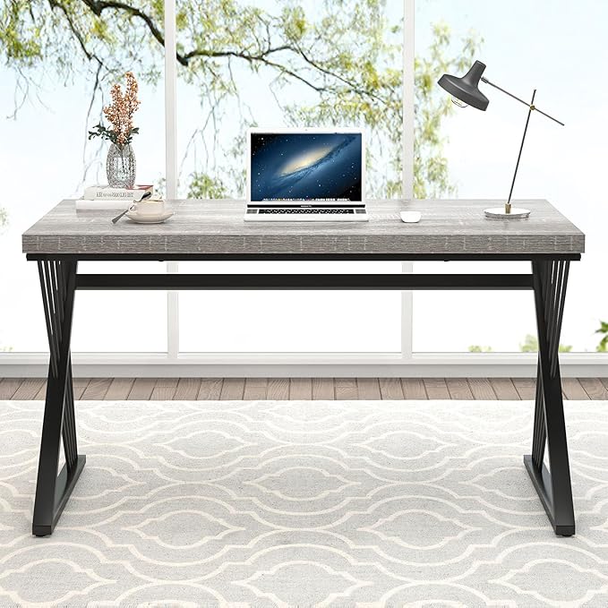 FOLUBAN Modern Desks Rustic Wood and Metal Computer Desk for Home Office Simple Study Writing Work PC Table for Bedroom Living Room Light Grey 47 Inch