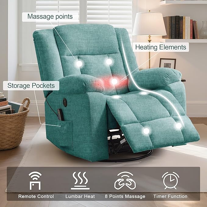 Rocker Recliner Glider Recliner Chairs for Adults 360° Swivel Rocking Chair with Massage and Heating Nursery Chair with Storage and USB Charging for Living Room Bedroom Nursery