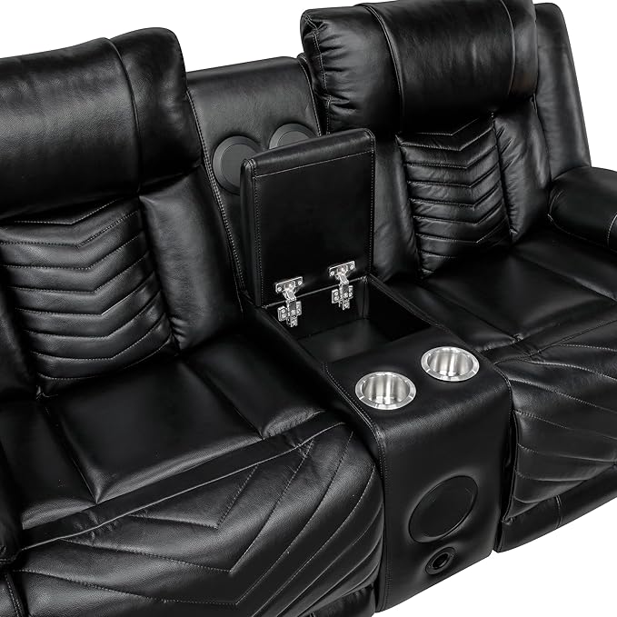 Lexicon Wall Hugger Power Double Reclining Loveseat with Console Faux Leather Home Theater Seating with LED Lighting Charging Ports Bluetooth Speaker Wireless Cup Holders Hidden Storage Black