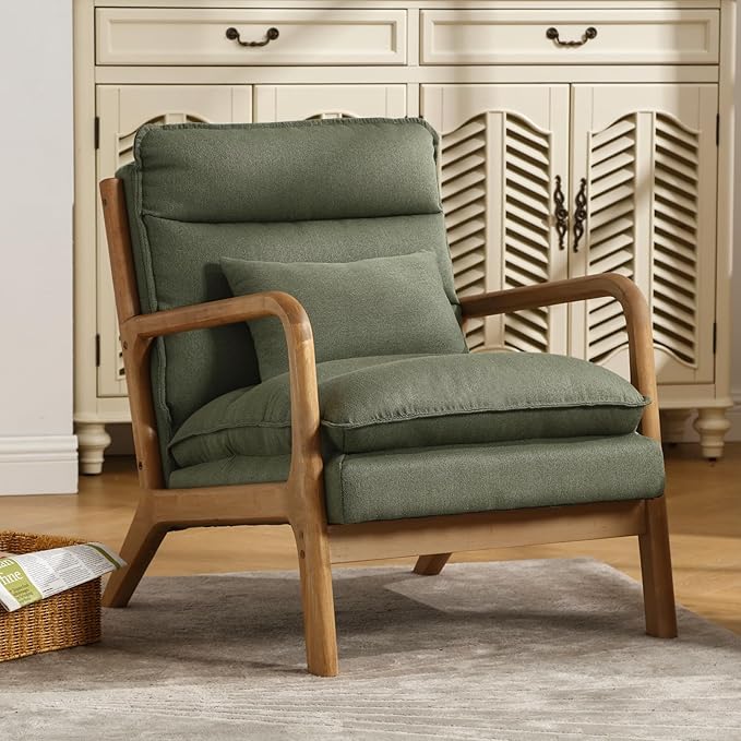 INZOY Mid Century Modern Accent Chair with Wood Frame Upholstered Reading Armchair with Waist Cushion Double Padded Accent Chair Side Chair for Living Room Bedroom Office Easy Assembly Green
