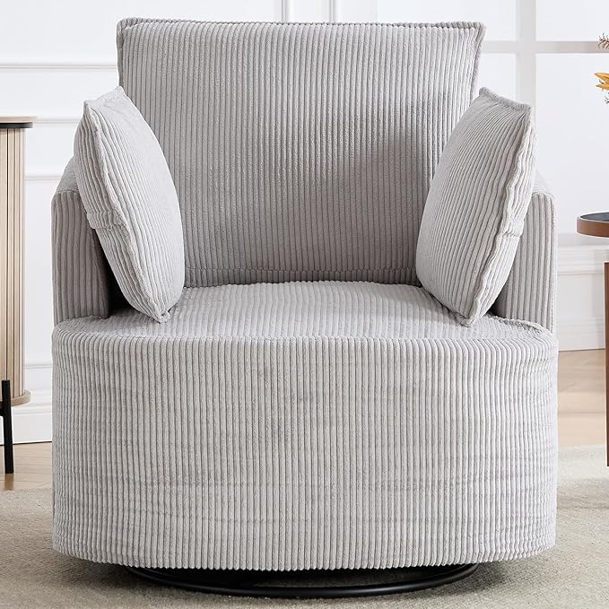 CANMOV Swivel Accent Chair Set of 2 360°Swivel Barrel Chair with 3 Pillows Comfy Corduroy Round Armchair Single Sofa Chair for Living Room Bedroom Reading Room Grey