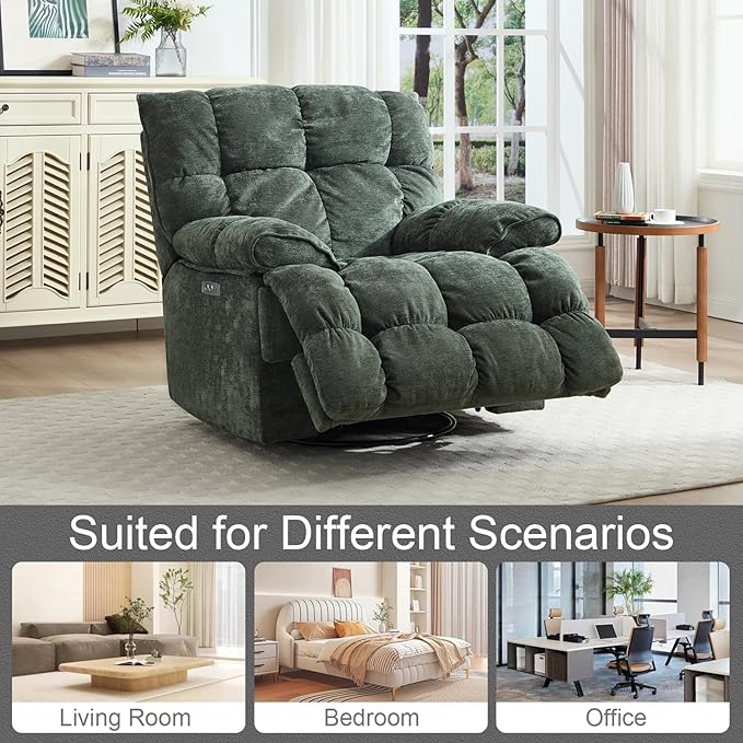 Oversized Recliner Chair Overstuffed Swivel Rocker with Extra Wide Seat &amp Breathable Fabric for Living Room (Power Green)
