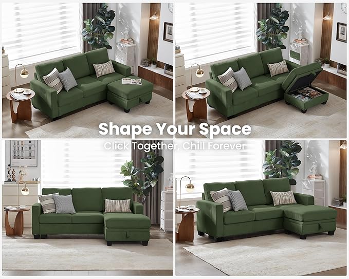 CHIC HOUSE Corduroy Modular Sectional Couch with Ottoman Chaise L/U Shaped Sleeper Sofa for Living Room Apartment Lounge Modern Armrest Neck Support Furniture (4 Seater Sectional Green)
