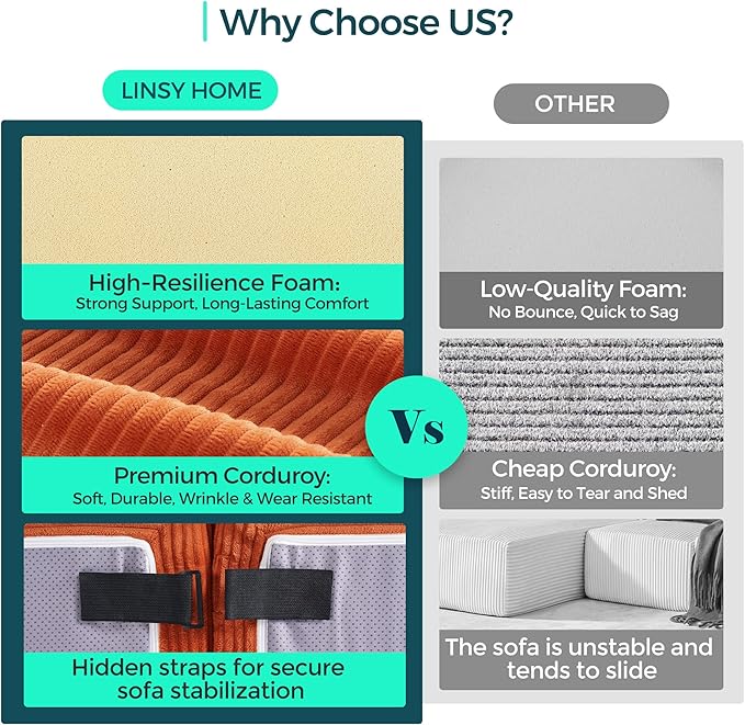 LINSY HOME Oversized Convertible Sofa Bed with 2 Pillows &amp Ottoman Corduroy Boneless Couch Folding Modular Sleeper Sofa L Shaped Couch Floor Sofa for Living Room Apartment Upgrade Backrest (Ora