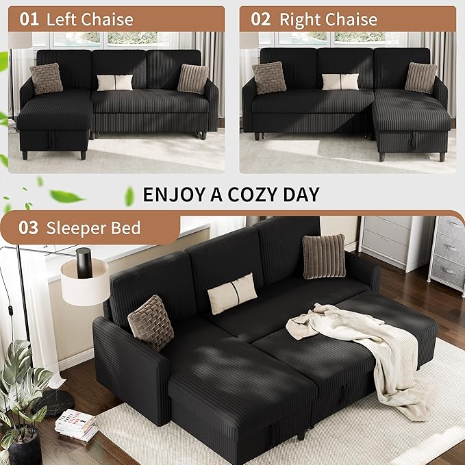 Walsunny Sectional Sofa Couch L Shaped Sleeper Sofa Bed Pull Out Bed with Storage Reversible Sectional Couches for Living Room Apartment Office(Black)