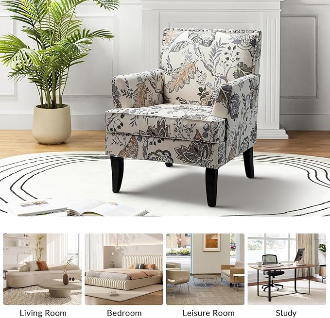 HULALA HOME Modern Accent Chair for Living Room Upholstered Fabric Single Sofa Chair Wingback Armchair with Wooden Legs for Bedroom Office Reading or Waiting Room Orange Grey Floral