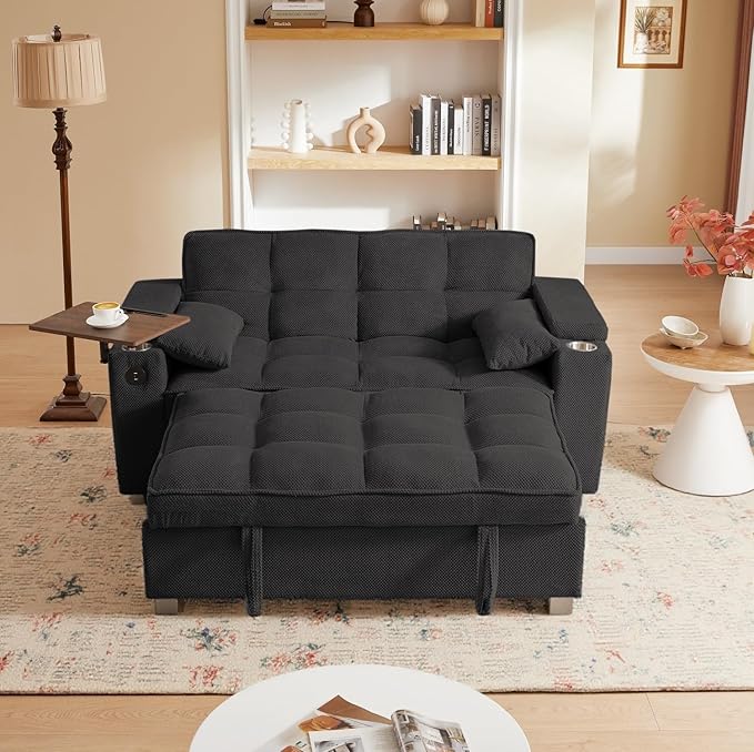 Large Size Convertible Sleeper Sofa BedPolka dot Velvet Pull Out Futon Couch with Storage handrails &amp Rotating Side TablesConvertible Sofa Couch for Living RoomRV