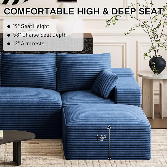 108 Boneless Couches for Living Room Comfy L Shaped Sectional Couches Modern Deep Seat Modular Sofa Cloud Fluffy Corduroy Couch with Movable Ottoman No Assembly Needed Blue
