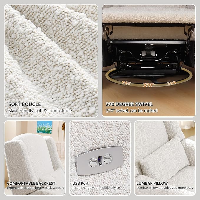 Power Recliner Chair Swivel Glider Large Rocker Recliner w/USB Charging Port Boucle Upholstered Swivel Rocker Glider Recliner for NurseryBedroomLiving RoomSet of 2Cream