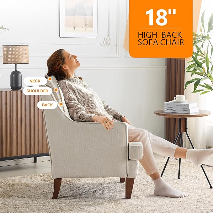 VINGLI Mid-Century Accent Chairs Beige Upholstered Armchair Comfy Sofa Chair Reading Chair High Back Living Room Bedroom Furniture for Apartment