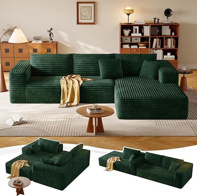 108.2 Modular Sectional Sofa with Deep Seat Boneless L Shaped Corduroy Couch Modern Comfort Cloud Couch Oversized for Living Room No Assembly (Right Facing ChaiseGreen)